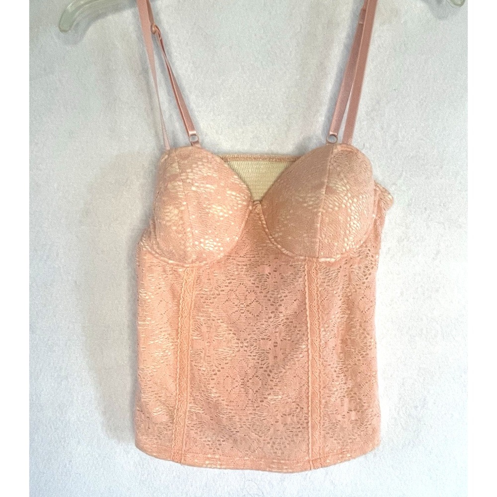 Peach Floral Corset Lace Top Lined Jr Medium Coquette Dainty Feminine Wired